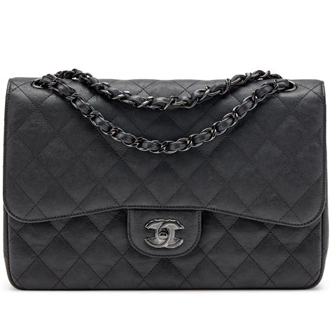 CHANEL Crumpled Calfskin Quilted Jumbo Double Flap So Black 